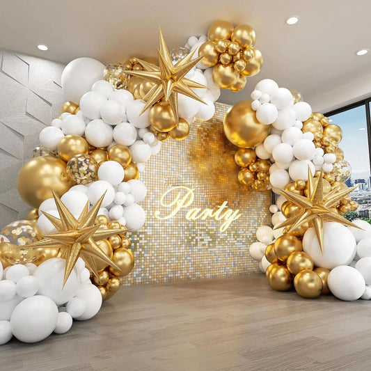 105Pcs White and Gold Balloons Garland Arch Kit with Starburst Foil Balloons for Anniversary Wedding Birthday Party Decorations